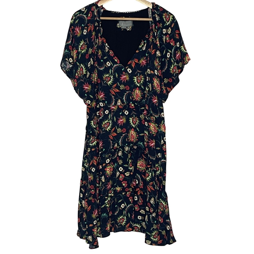 Anthropologie Floral V-Neck Flutter Sleeve Tiered Mini Dress Black Multi XL